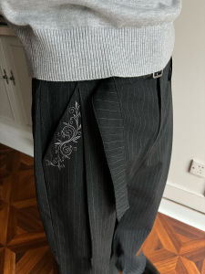 LIUBU | Dark Gray Sash Stripe Pleated Vintage-Style Mens Trousers