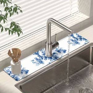 Chinese Blue And White Porcelain Color Sink Splash Faucet Mat Kitchen Absorbent Table Mat Wash Basin Waterproof Protective Mat