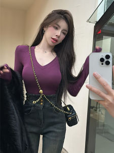 Spring Autumn and Winter New Fashionable Stylish Sweet and Spicy Shoulder Purple Long Sleeve Bottoming Shirt T-shirt Female Skinny Short V-neck Tops