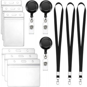 Id Badge Holder Retractable Clip6 Pack Clear Vertical & Horizontal Card Protectors with 24 Inch Retractable Reel Black Lanyard