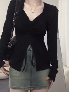 Áo Thun Dài Tay Cổ Chữ V Dáng Ôm Vừa Vặn Cho Nữ Mùa Thu Mới Cỡ Lớn Không Đều Chia Rẽ Đa Năng Áo Thun Nữ