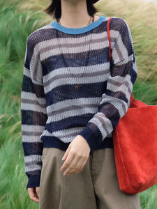 SUOXIMENG | Large Size Contrast Color Stripe Round Neck Hollow Knitted Sweater Womens Fashion Trend Age Reduction Versatile Autumn New Arrival