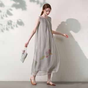 Miccbeirn | ชุดเดรสยาวแขนกุดไหมดอกไม้ ชุดนางฟ้า ชุดราตรี ทรงหลวม เดรสยาวเอวสูง ฤดูร้อน ผ้าฝ้าย ชุดเดรสผู้หญิง ชุดทำงาน