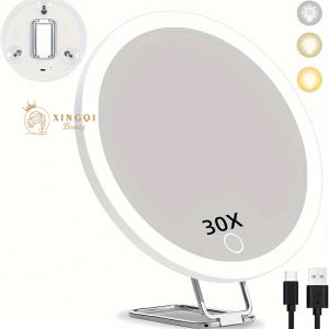 cute 6 inch (15cm) travel size round white/black/pink portable led face mirrors with magnification 5x 10x 20x 30x times with stand  suction cups light up  magnifying mirror rechargeable usb make up vanity mirrors