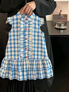 Girls Summer Plaid Shirt Dress Sleeveless Vest Skirt Childrens Clothing Korean Style Butterfly Knot Cotton Dress for Girls