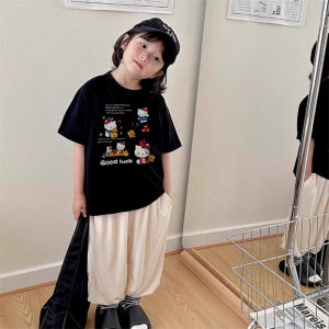 Girls Cotton T-shirt Hello Kitty Cartoon Print round Neck Short Sleeve Breathable Summer Childrens Clothing Kids Tops