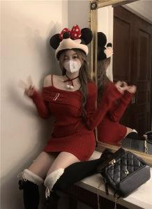 คริสต์มาสสีแดง เดรสรัดรูป ถัก เดรส ผู้หญิง ฤดูใบไม้ร่วง ฤดูหนาว สลิมฟิต เซ็กซี่ ไหล่ข้างหนึ่งสูง เอว แขนยาวสั้น เดรส