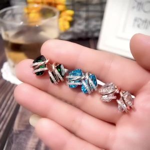 Huitan Unique Geometric Blue/Green/White Cubic Zirconia Stud Earrings for Women Engagement Wedding Party Fashion Earring Jewelry