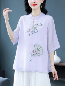 Elegant Embroidered Mom Summer Shirt Loose Midi Sleeve Stand Collar Chiffon Blouse Korean Style Commute Fashion Ladies Top