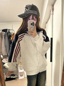OUMULONG | Áo Hoodie Đôi Phong Cách Học Đường Retro Mỹ Màu Block Áo Khoác Cổ Đứng Trung Tính