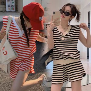 Missliu thời trang mùa hè phong cách mới giản dị sọc đan v cổ áo ngắn tay áo Top+quần short hai mảnh