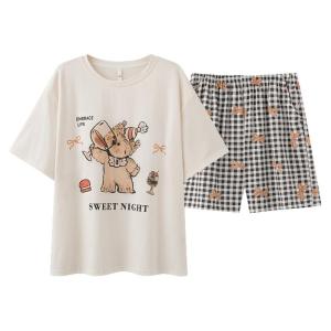 Miiow | Pure Cotton Short Sleeve Sleepwear Womens Home Clothes Set Cute Cartoon Design Summer Outfit Casual Comfortable Breathable