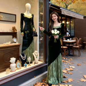 CHANGTONG | Elegant French Retro Velvet Evening Dress
