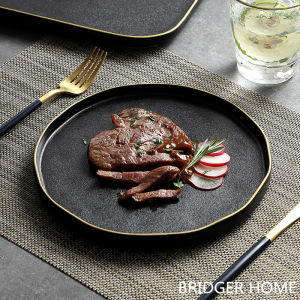 Black Matte Gold Rim Ceramic Plate