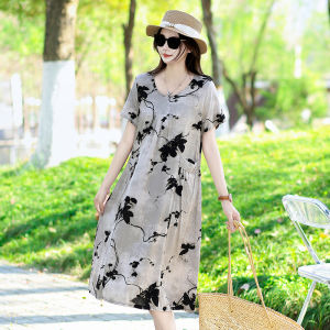 Elegant Cotton Silk Floral Print Dress with Pockets for Middle-Aged Women Summer Long Skirt Korean Style Loose Fit Maxi Dress