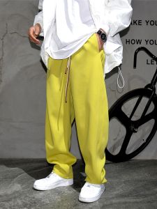 อินเทรนด์ หลวม Drape Straight Leg กางเกง Mens Three ลายทาง Splice Sport กางเกงวอร์ม เชือกรูด Wide Leg Long กางเกงขายาว