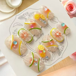 10 Pcs Luxury Handmade Press on Nails Middle Ballet Lemon Blush Design False Nails with 4-Piece Tool Adhesive Nail Glue Tabs