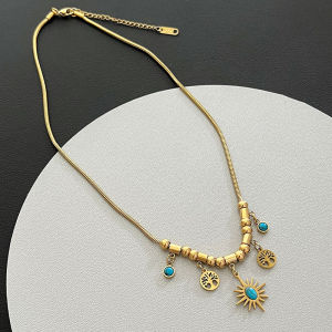 Stainless Steel Necklace Female Retro Light Luxury Design Tree of Life Turquoise Titanium Steel Pendant Necklace