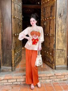 Bộ Lam Gấm cách tân hoạ tiết Tết lô mới phối Quần lụa latin siêu đẹp hàng may kĩ đẹp có size 40-70kg