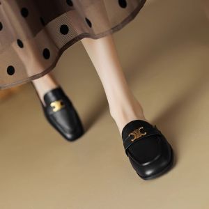 Feichi Comfortable Leather Metal Buckle Flat Bottom Low Heel Womens Sandals Slip-On Slippers Casual Everyday Shoes