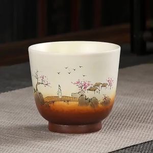 Rustic Large Hand-Painted柴 Burned Japanese Style Teacup