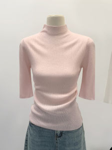 Pink Knitted Half High Collar Top Womens Slim Fit Five Sleeve Base Shirt Commute Style Korean Version Citywalk Daily Wear