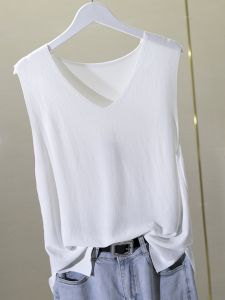 เสื้อกั๊กไหมน้ำแข็งถักสไตล์ฝรั่งเศสสำหรับผู้หญิง แขนกุด เสื้อชั้นใน ใส่ด้านนอกได้ ไซส์ใหญ่ ฤดูร้อน ใหม่ เสื้อคลุมผู้หญิง