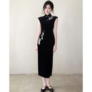 Floral Velvet Qipao Dress Slimming Retro Elegant