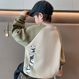 Boys Casual Hoodie Spring Autumn Cartoon Panda Print round Neck Pullover Trendy Kids Fashion Comfortable Cotton Sweatshirt