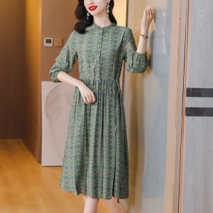 Silk Floral Print Midi Dress Spring Summer 2025 New Style Mommy Long Sleeve Elegant Ladylike Mulberry Silk Dress Womens Fashion