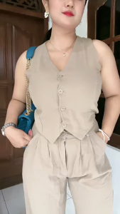 Revlyn Oneset Katun Rami Set Vest + Long Pants Outfit Viral Kekinian Stelan Celana Korean Style COD