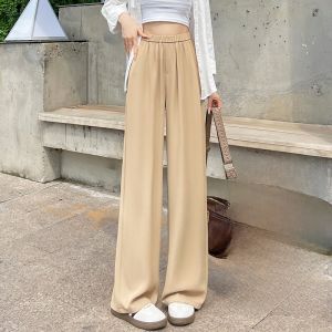 YAMIANNV | White Drapey Wide Leg Pants 2024 Autumn Slimming Suit Womens Loose Straight Cut Trousers High Waist Long Polyester Blend