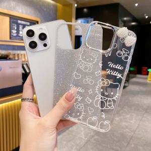Kitty Cat Phone Case with Glitter Powder for OPPO Reno12/11/10 New Mobile Phone Shell A2 A3PRO Kpop Cartoon A57 A54 Cute Findx7ultra Popular Hair Clip Protective Cover
