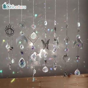 Chinatera Crystal Wind Chime Ornament Silver Metal Eyes Butterfly Sun Star Moon Pendant Prism Light Catcher Rainbow Maker Window Hanging Windchime Home Garden Decor