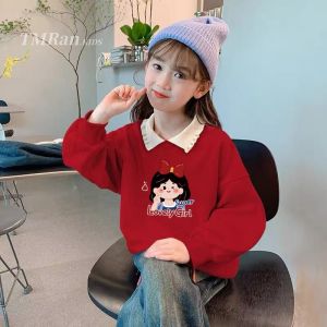 Girls Red Collared POLO Sweatshirt Autumn Winter Thickened Fleece Loose Cartoon New Year Clothes for Small And Medium Children