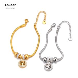 Lokaer Vòng Tay Thép Không Gỉ Mạ Vàng 18K Với Cây & Trái Tim Quyến Rũ Trang Sức Kim Cương Giả Chống Thấm Nước Dành Cho Phụ Nữ Phong Cách Sống Thời Trang