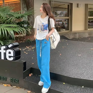 กางเกงขายาวทรงหลวมผ้าฝ้ายสีน้ำเงินสำหรับผู้หญิงในช่วงฤดูร้อน กางเกงวอร์มทรงตรงแขนสั้น ชุดลำลองสีสันสดใส เอวยางยืด สไตล์เกาหลี