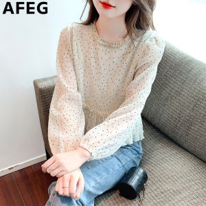 AEEG new Korean version of the round-neck fashion loose and versatile polka dot chiffon long-sleeved blouse for Women