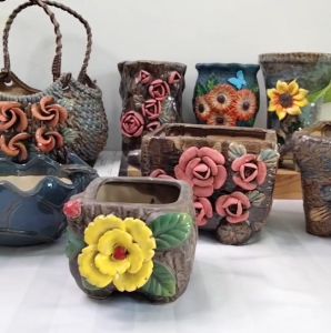 กระถาง เซรามิก กระถางบอนไซ กระถางต้นไม้ แต่งสวน ลายดอก แคคตัส