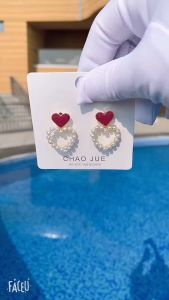 ต่างหูห่วงคริสตัลรูปหัวใจ ต่างหูมุกปัดหัวใจ รูปหัวใจทรงเรขาคณิต หัวใจพีชแดงน่ารัก ก้านต่างหูเงินแท้925 ดีไซน์แฟชั่น ไม่ดำไม่ลอกสี SS17