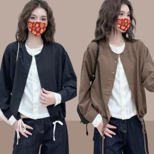 Áo Sơ Mi Nữ Tay Dài Cổ Tròn Chất Lượng Cao Màu Khối Thời Trang Xuân Thu Có Dây Rút