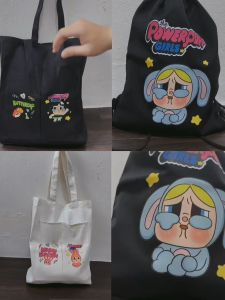 Totebag Kanvas Hitam Dua Kantong Bergambar Karakter Lucu Imut Power Puff Girl