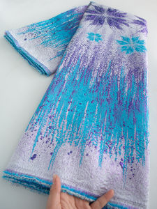 Vải Ren Gấm Jacquard Phối Màu Xanh Dương Hồng Kiểu Pháo Hoa Pháp 100% Polyester Cao Cấp Dùng Trang Trí Quần Áo & Thủ Công