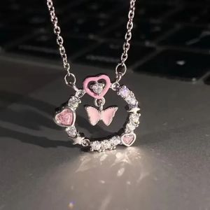 Pink Love Butterfly Necklace Y2K Diamonds Pendant Clavicle Chain Light Luxury Inlaid Shiny Rhinestone Necklace Christmas Jewelry Gift Accessories