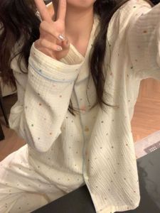 Spring Autumn Long Sleeve Simple Womens Sleepwear Loose Home Clothes Two Piece Set Sweet Cute Girl Print Cotton Polyester