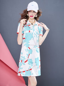 Fashionable Printed Dress Womens Mid-Length Short-Sleeve Polo Collar Sports T-Shirt Dress Summer Casual Commute Style A-Line Skirt Polyester Fiber