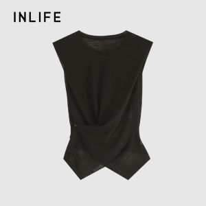 INLIFE | Ice Silk Asymmetric Sleeveless Shoulder Padded Knit Top