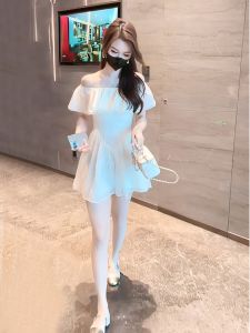 French Style A-Line Mini Dress Womens Summer 2026 Waist-Cinching Elegant Short Skirt Trendy One-Shoulder Solid Color