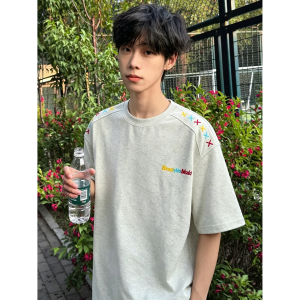 OUMULONG | Cross Embroidery Tie-Dye Designed Mens T-Shirt
