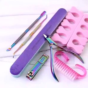 Manicure Kit Nail And Cuticle Tools Polishing File Toenail Separator Cleaning Brush Care 7 Pcs/Set